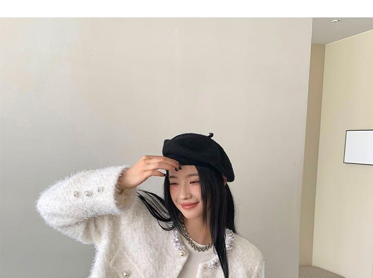 Round Neck Plain Beaded Faux Pearl Button Jacket Product Image
