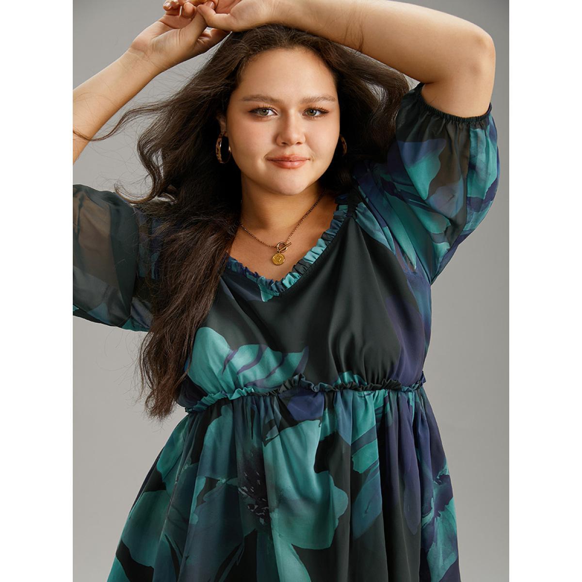 Plus Size Cyan Square Neck Floral Frill Trim Mesh Ruffles Blouse Women Elegant Elbow-length sleeve Square Neck Dailywear Blouses BloomChic 26/4X Product Image