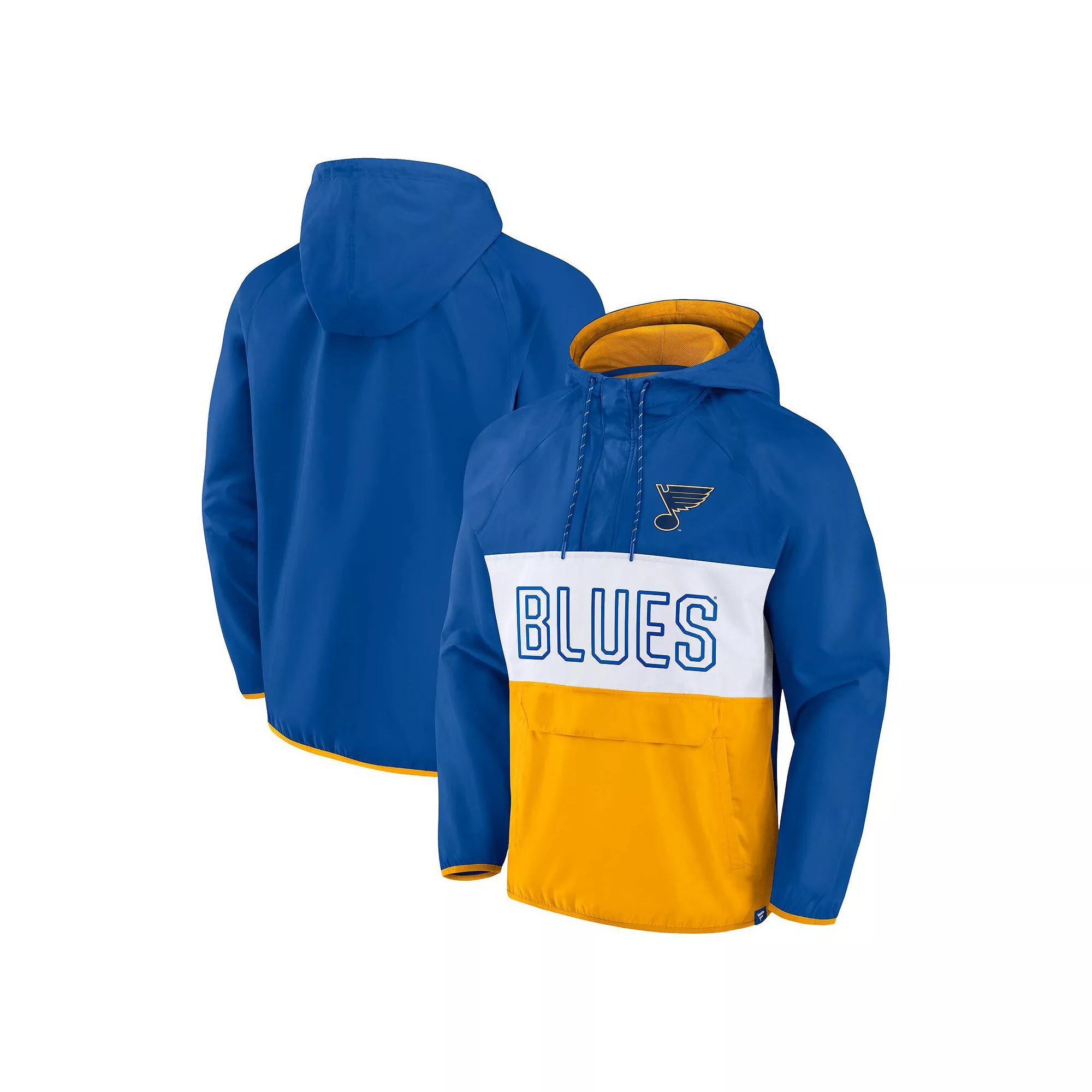 Men's Fanatics Branded Blue/Gold St. Louis Blues Backhand Shooter Defender Anorak Raglan Hoodie Quarter-Zip Jacket, Size: Large Product Image