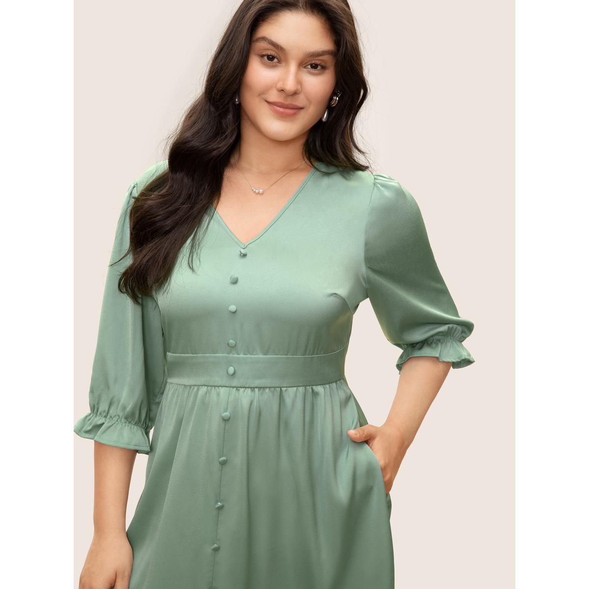 Plus Size Plain Ruffles Button Detail Split Front Satin Dress Turquoise Women Elegant Non V-neck Elbow-length sleeve Curvy Midi Dress BloomChic 14-16/1X Product Image