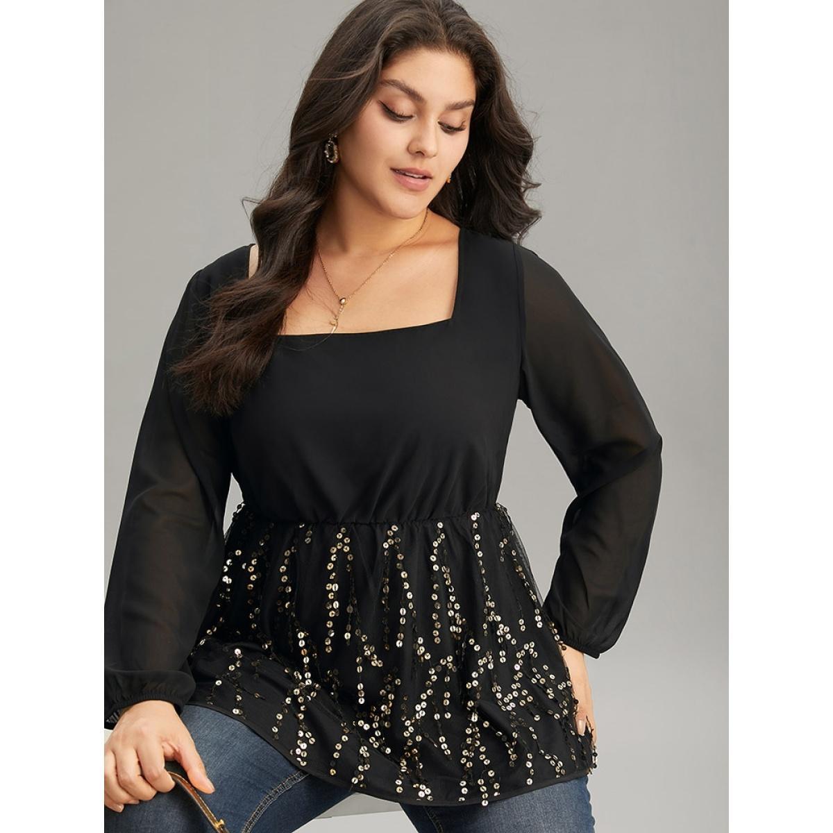 Plus Size Black Sequin Mesh Patchwork Square Neck Blouse Women Glamour Long Sleeve Square Neck Going out Blouses BloomChic 12/L Product Image