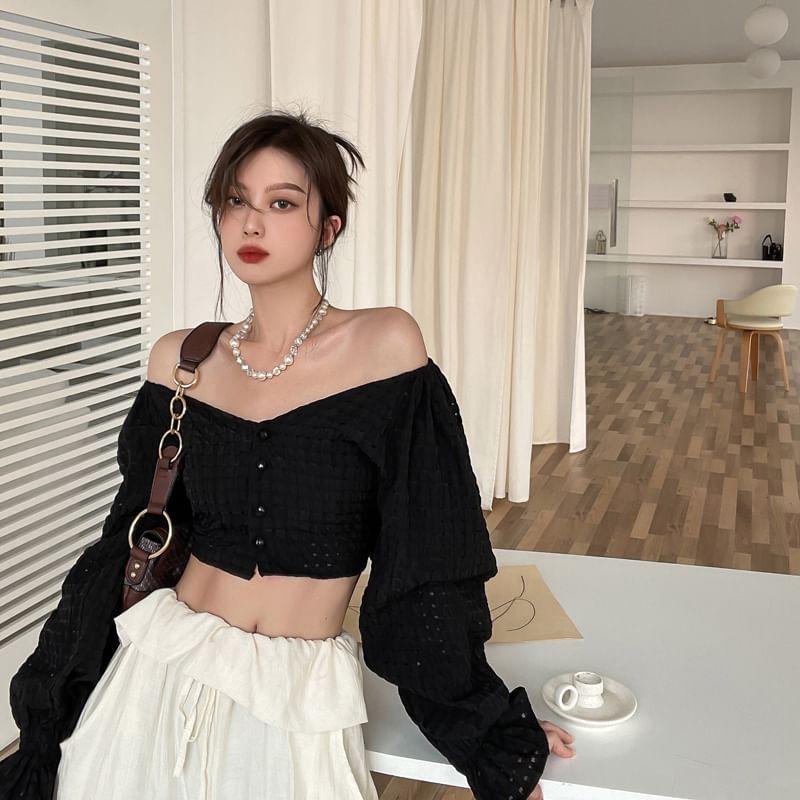 Bell-Sleeve Off-Shoulder Perforated Crop Blouse Product Image