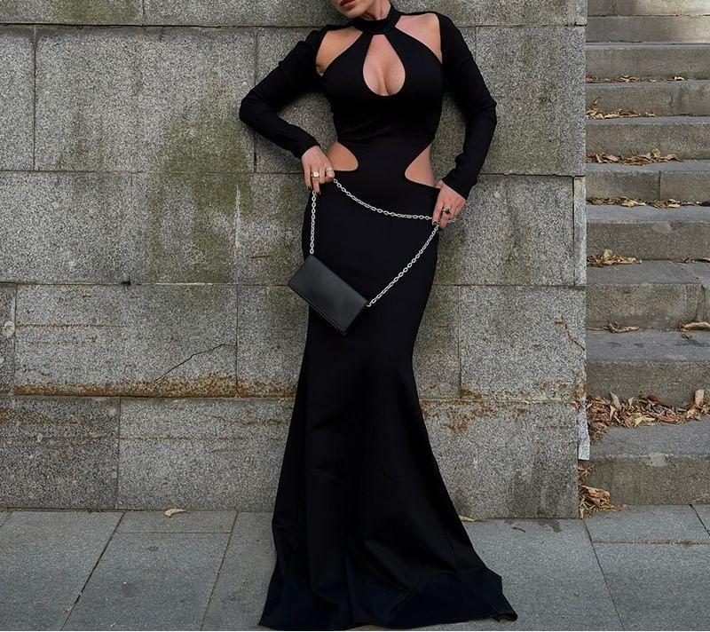 Long-Sleeve Plain Cutout Maxi Mermaid Dress Product Image