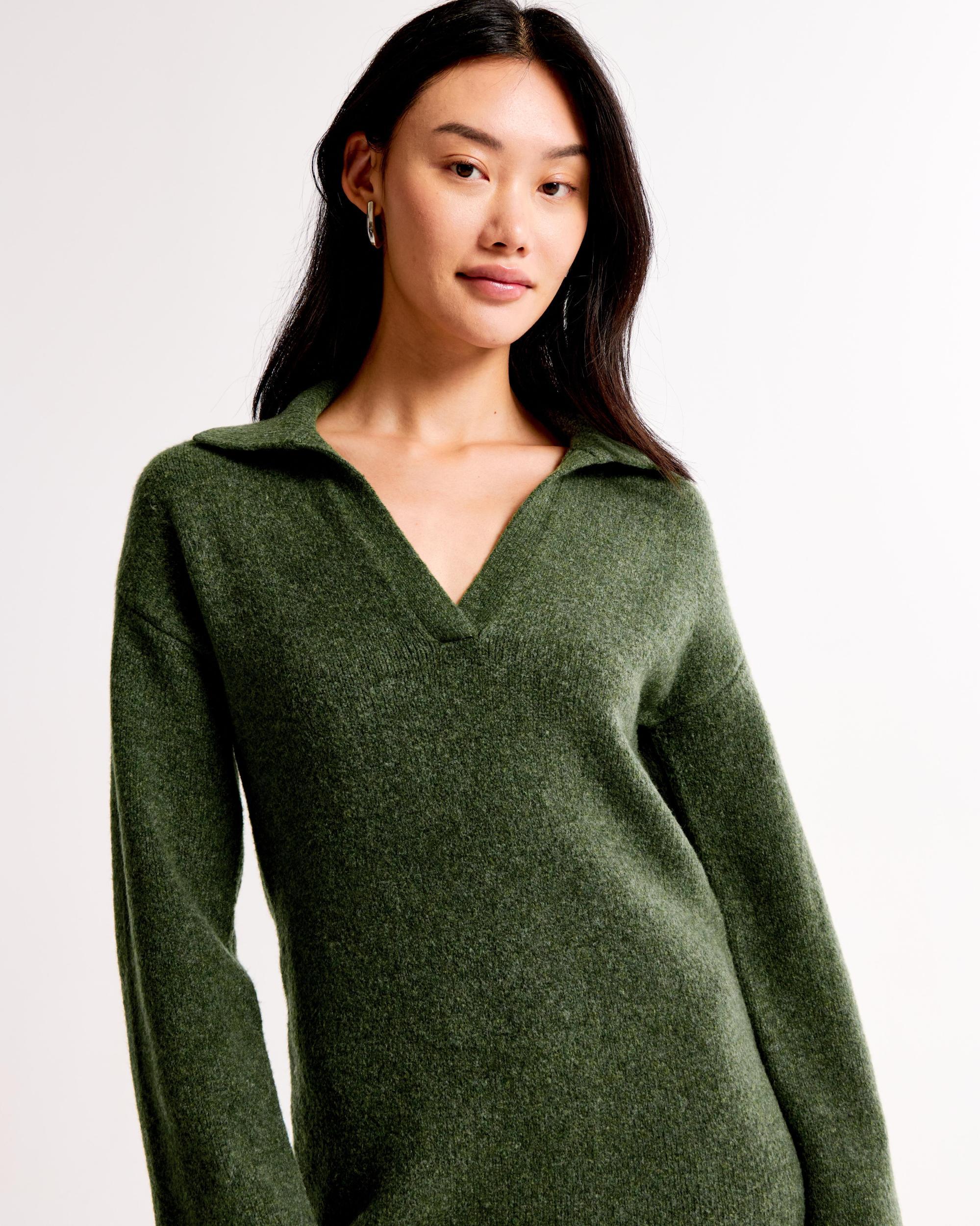 Long-Sleeve Collared Mini Sweater Dress Product Image