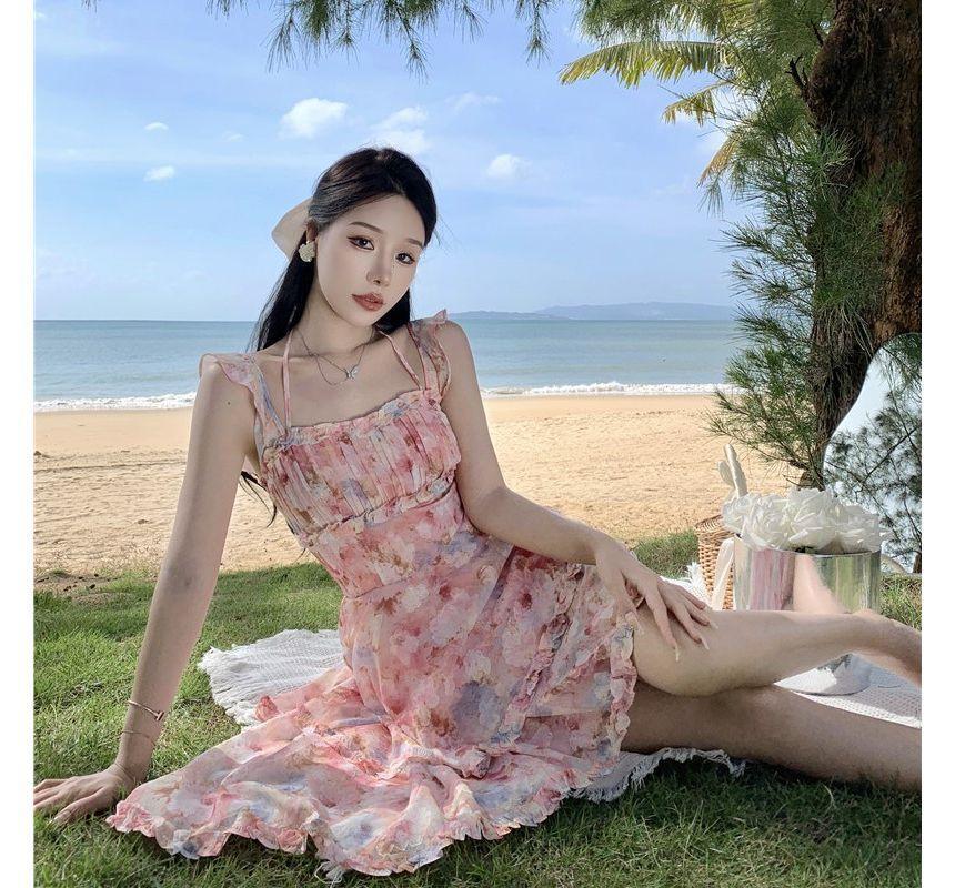 Ruffle Strap Floral Print Asymmetrical Midi Layered Sundress Product Image