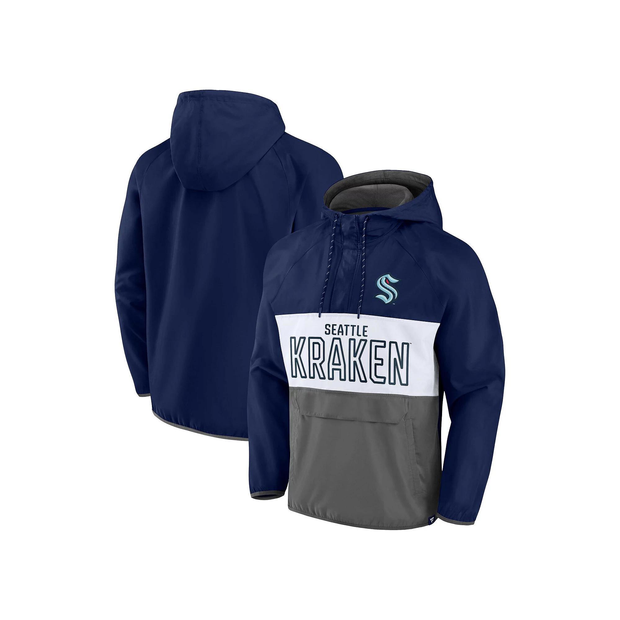 Men's Fanatics Branded Deep Sea Blue/Gray Seattle Kraken Backhand Shooter Defender Anorak Raglan Hoodie Quarter-Zip Jacket, Size: Medium, Krk Blue Product Image