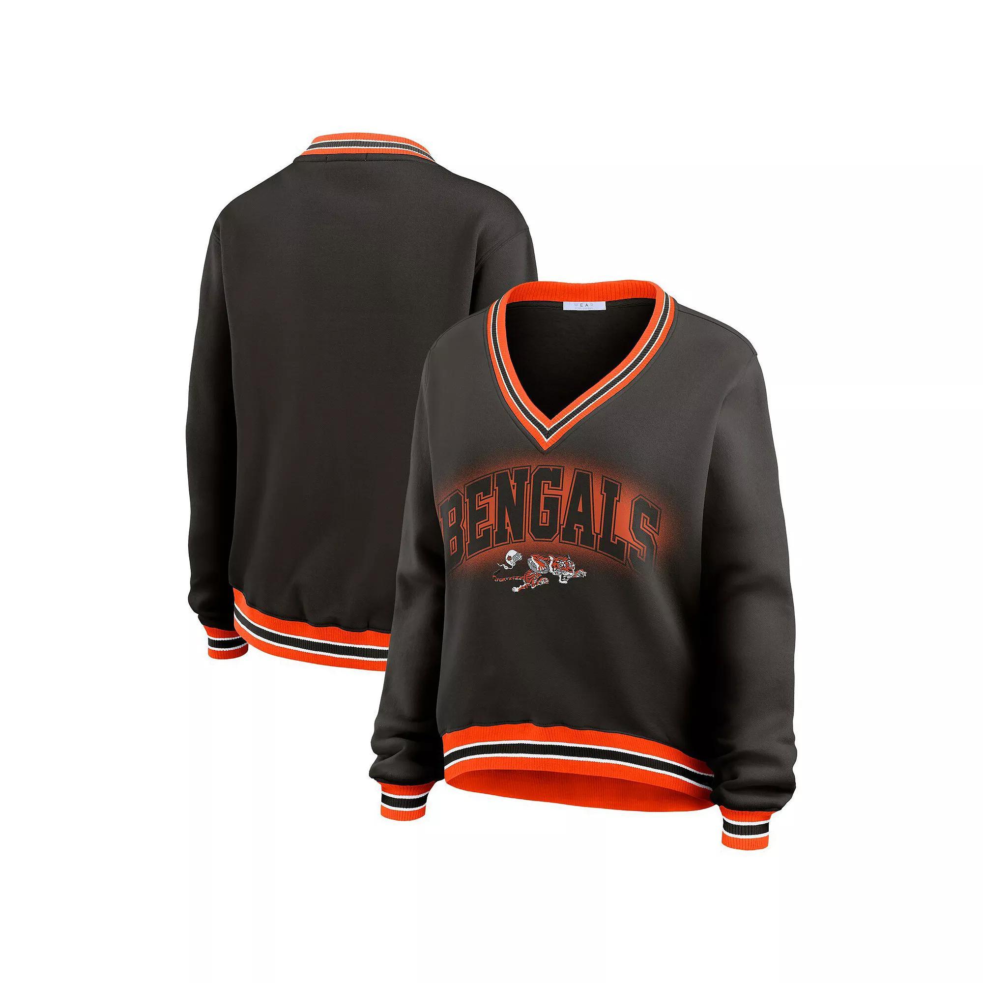 Women's WEAR by Erin Andrews Black Cincinnati Bengals Oversized Long Sleeve V-Neck Sweatshirt, Size: 2XL Product Image