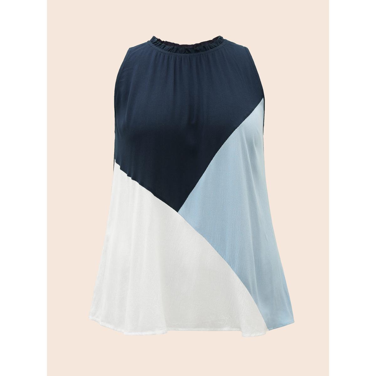 Plus Size Colorblock Contrast Frill Trim Gathered Tank Top Women DarkBlue Casual Contrast Mock Neck Everyday Tank Tops Camis BloomChic 14-16/1X Product Image