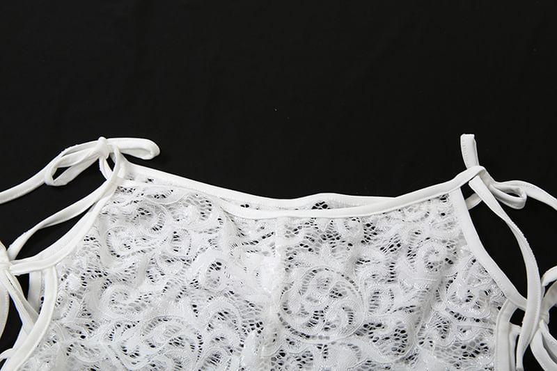 Set: Long Sleeve Square Neck Plain Cutout Tie-Up Lace Crop Top + Mid Rise Shorts Product Image