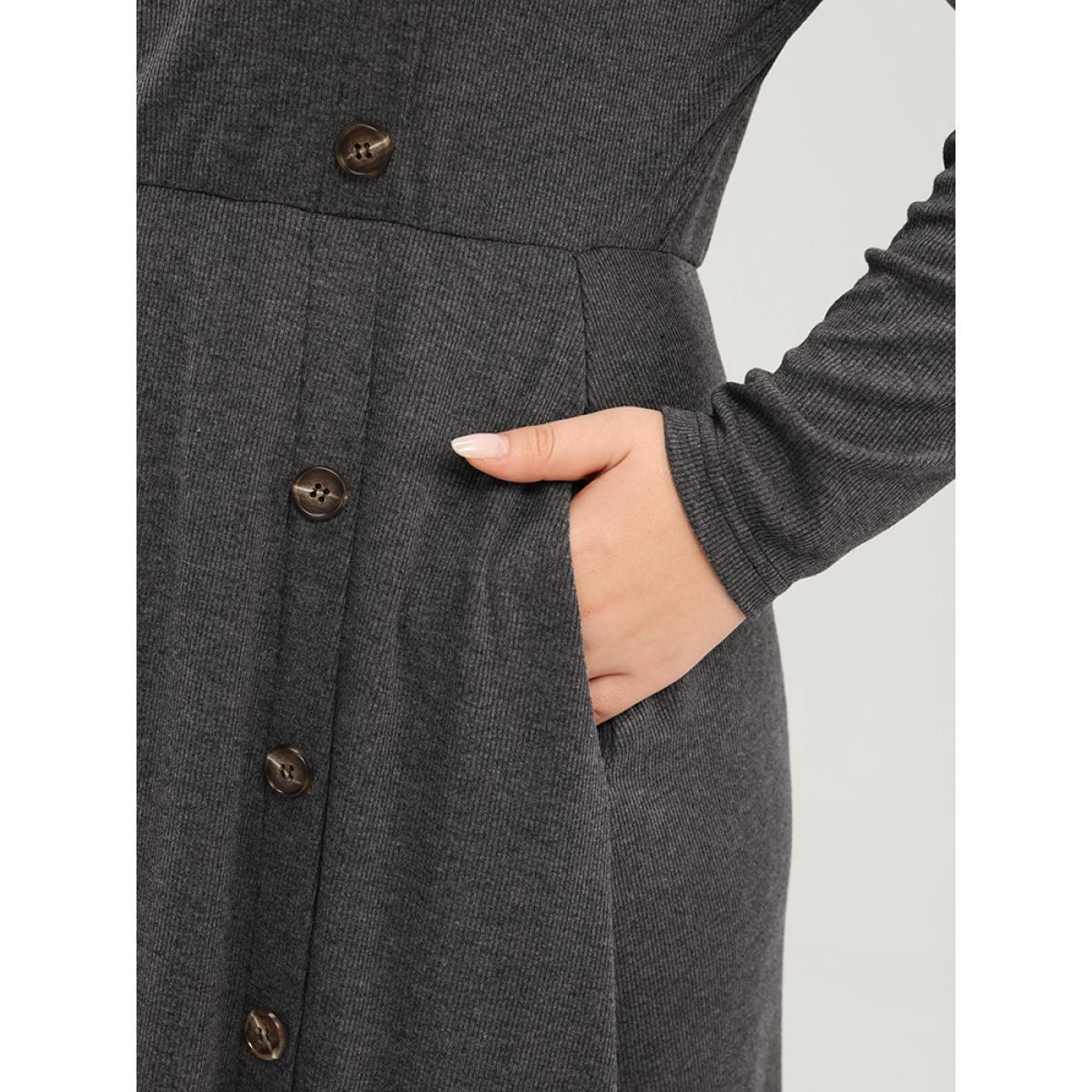 Plus Size Solid Round Neck Pocket Button Detail Ruffle Hem Dress Gray Women Elegant Button Round Neck Long Sleeve Curvy Midi Dress BloomChic 30/6X Product Image