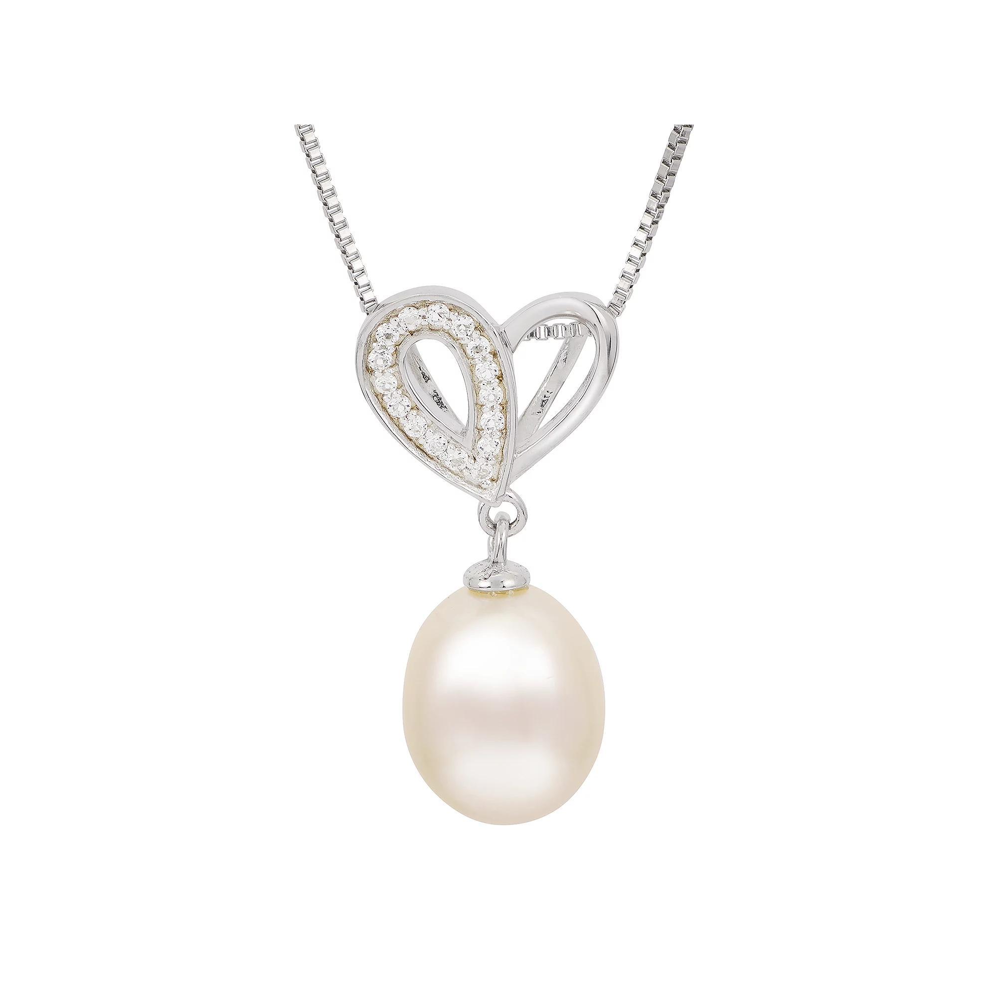 Sterling Silver Freshwater Cultured Pearl and White Topaz Heart Pendant, Womens Product Image