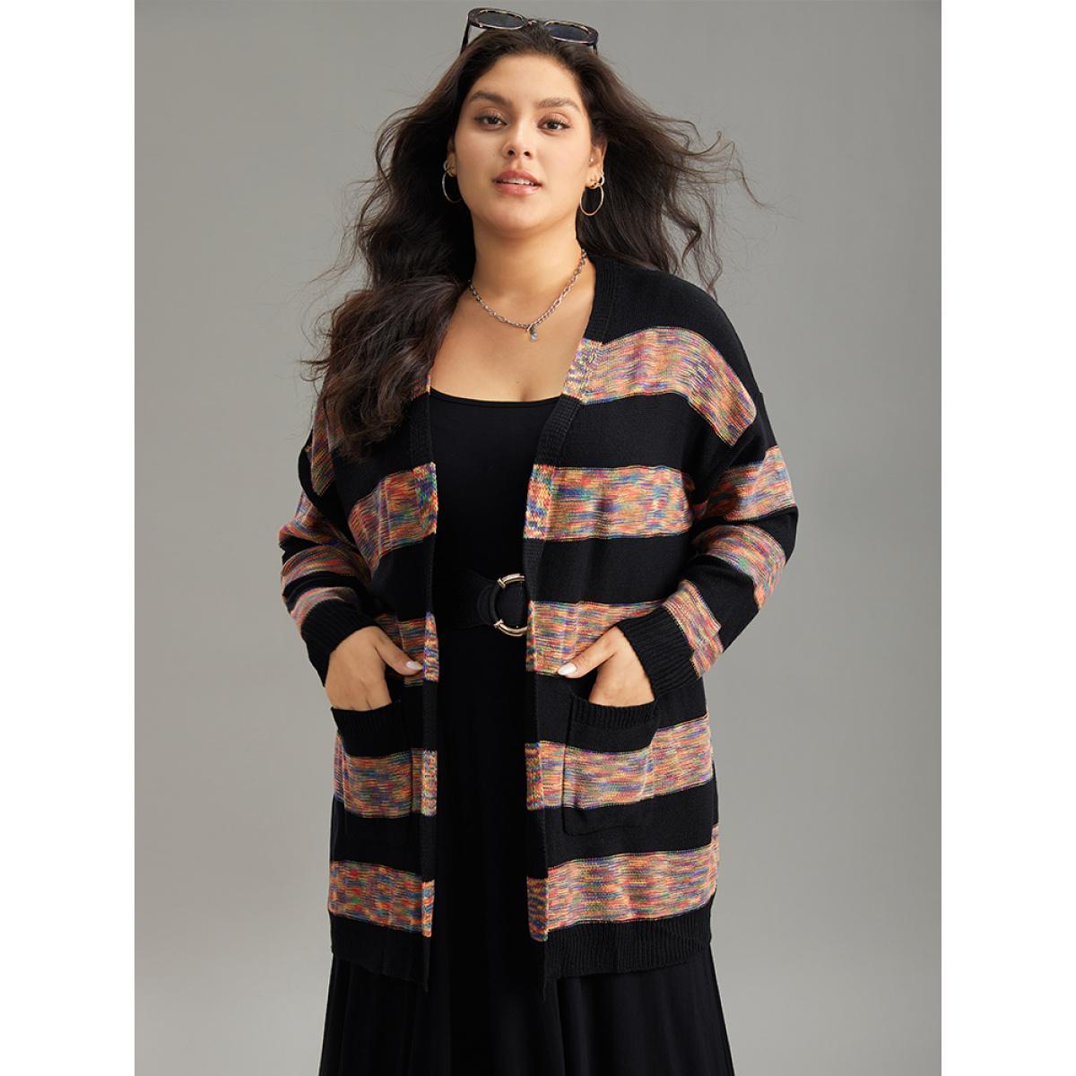 Plus Size Rainbow Contrast Open Front Cardigan Multicolor Women Casual Loose Long Sleeve Dailywear Cardigans BloomChic 26/4X Product Image