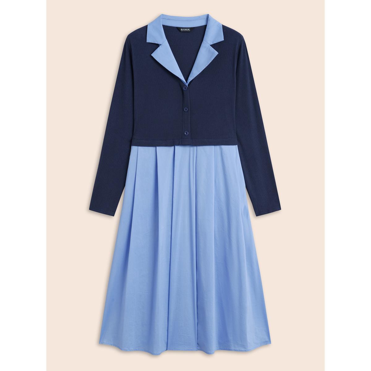 Plus Size 2-In-1 Contrast Patchwork Pleated Dress Indigo Women Elegant Texture Suit Collar Long Sleeve Curvy BloomChic 26/4X Product Image
