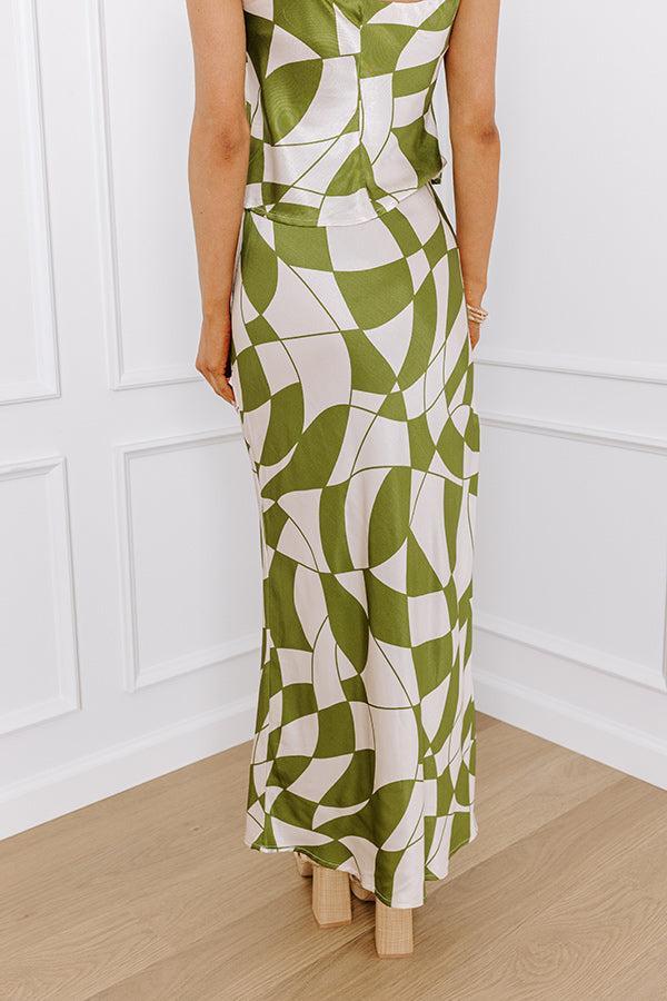 Versailles Vogue High Waist Satin Midi Skirt in Olive Product Image