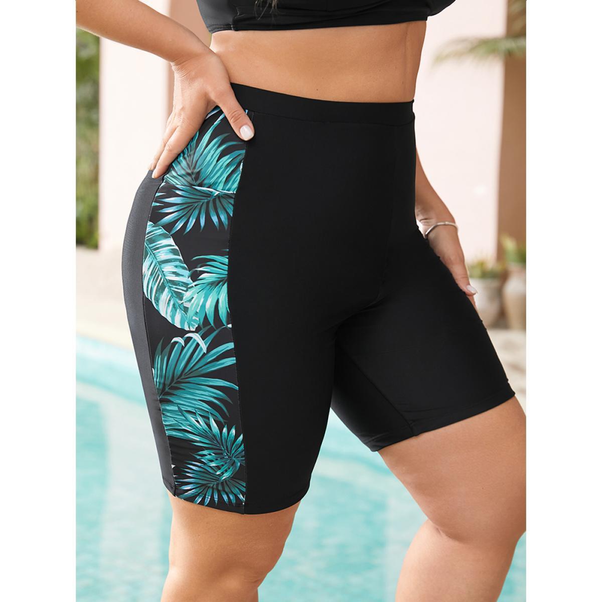 Plus Size Plant Patchwork Pocket Side Swim Shorts Women's Swimwear Black Vacation Patchwork High stretch Skinny High Rise Pocket Curve Swim Bottoms BloomChic 14-16/1X Product Image