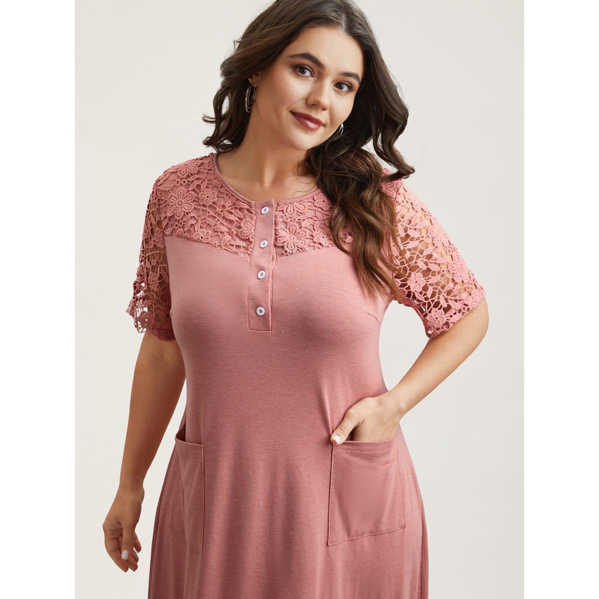 Plus Size Sheer Lace Placket Pockets Midi Dress DustyPink Women Casual Woven ribbon&lace trim Knit Dresses Bloomchic 28/5X Product Image
