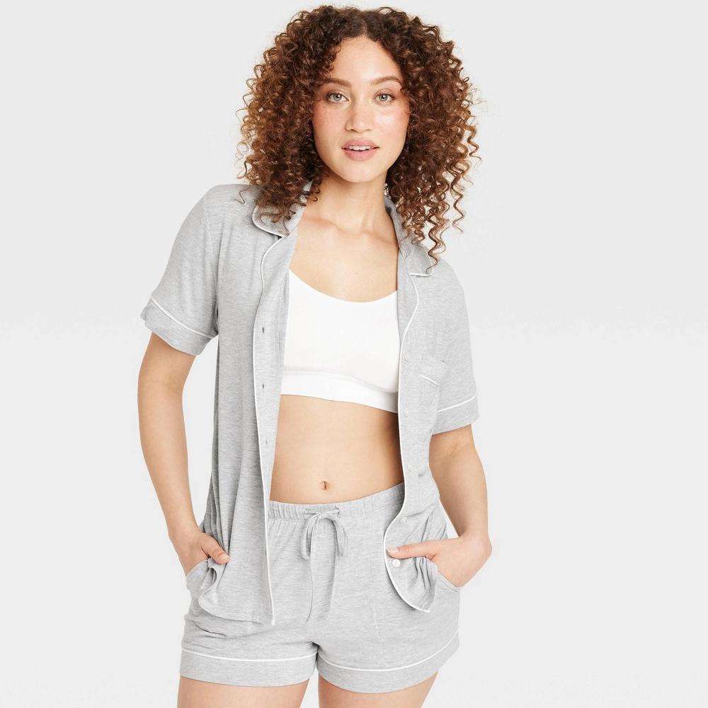 Women's Cloud Knit Short Sleeve Notch Collar Top and Shorts Pajama Set - Auden™ Heathered M: Modal-Spandex Blend, Elastic Waistband Product Image