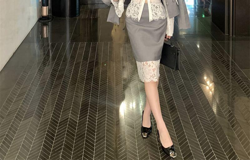 Lace-Trim Double-Breasted Blazer / Midi Skirt Product Image