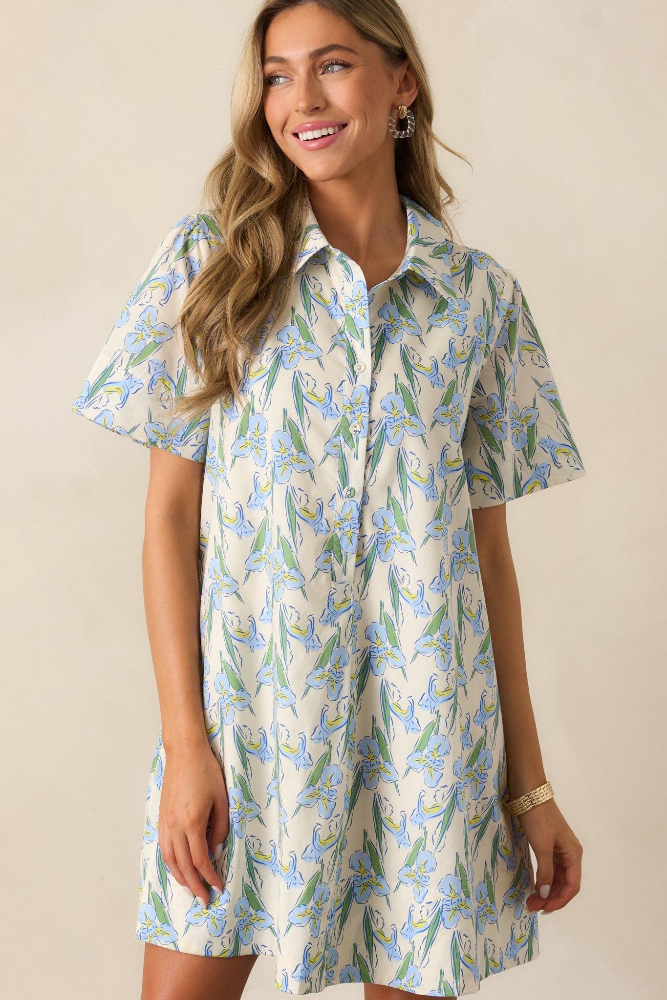 Oasis Of Calm Cotton Blue Floral Mini Dress Product Image