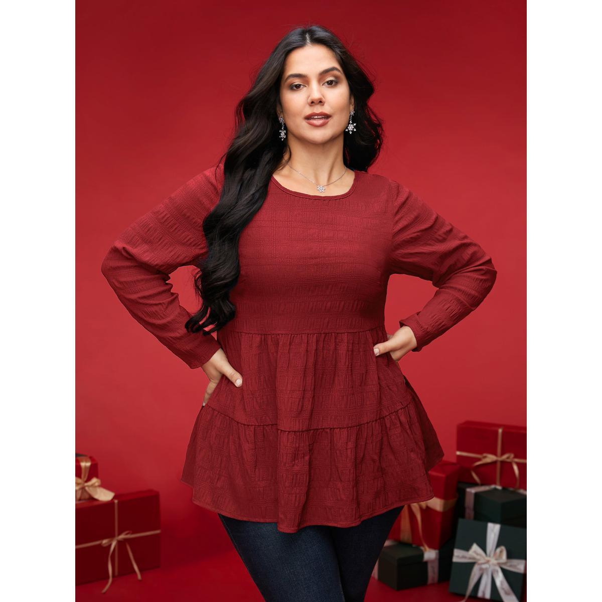 Plus Size Deepred Textured Round Neck Tiered Hem Blouse Women Casual Long Sleeve Round Neck Everyday Blouses BloomChic 30/6X Product Image