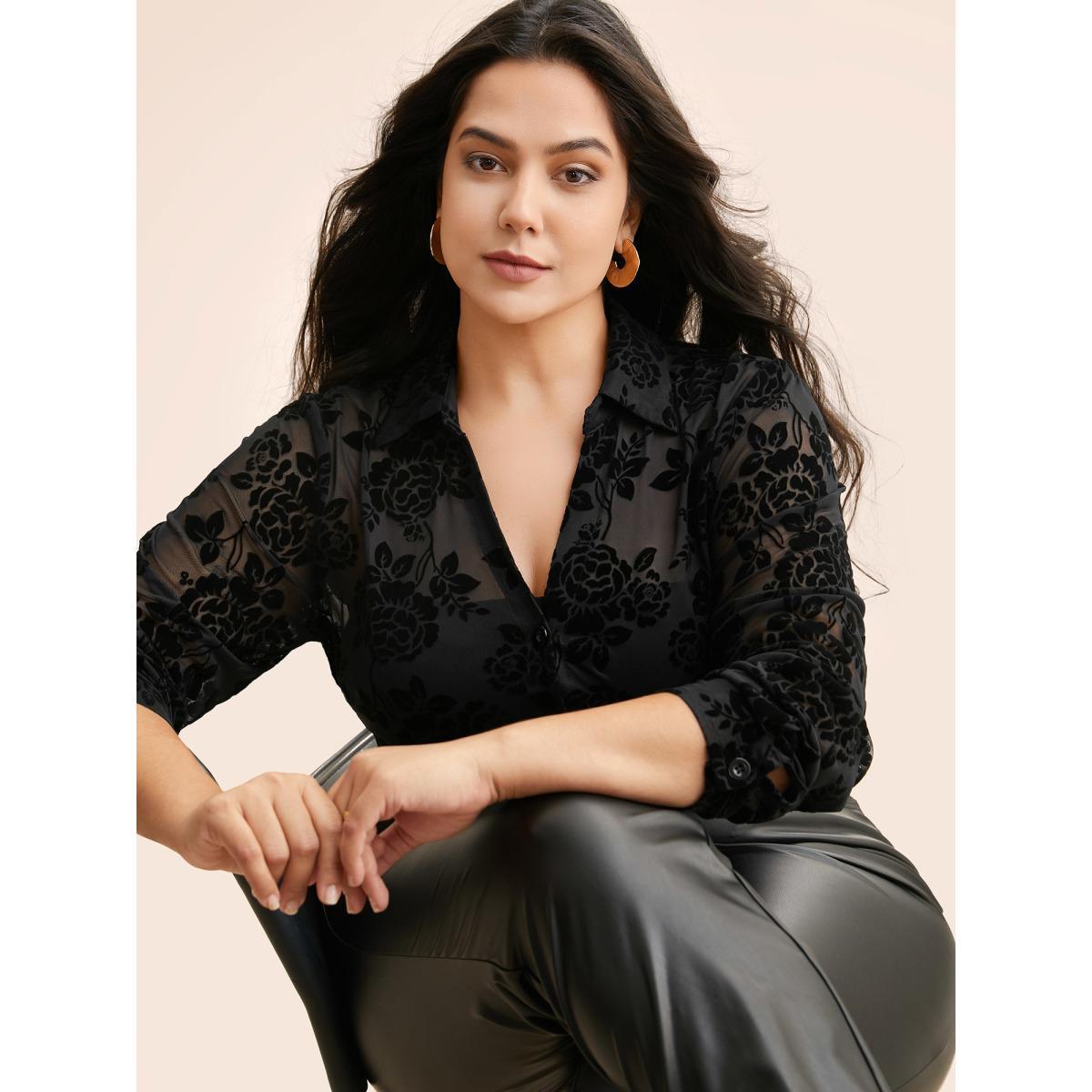 Plus Size Black Shirt Collar Floral Flocking Mesh Blouse Women Elegant Long Sleeve Shirt collar Everyday Blouses BloomChic 30/6X Product Image