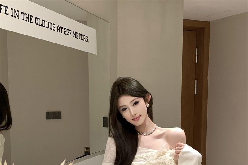 Off-Shoulder Long-Sleeve Lace Trim Midi Mermaid Dress Product Image