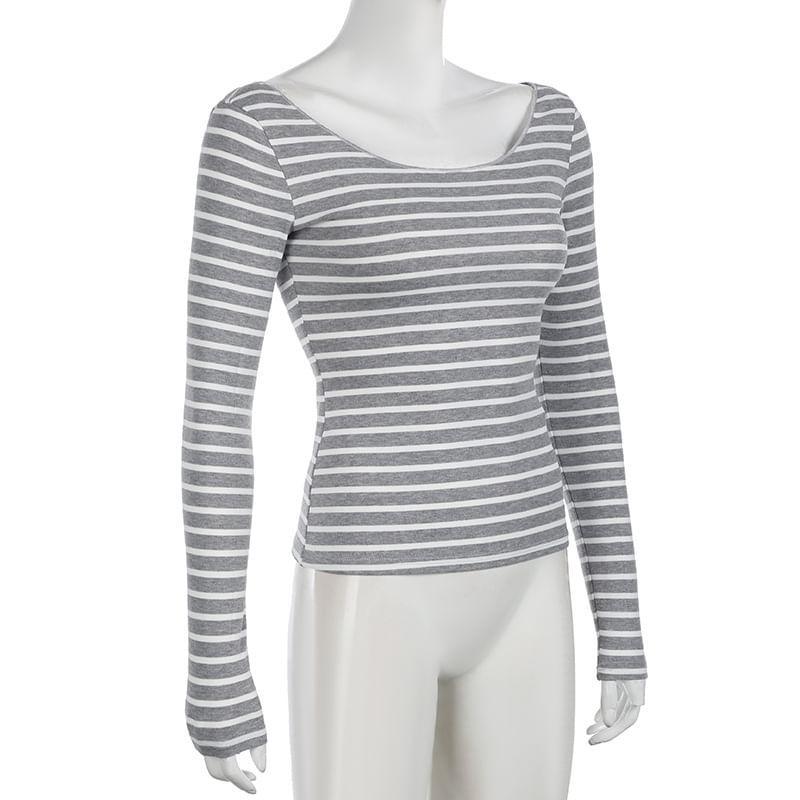 Long-Sleeve Scoop Neck Striped T-Shirt Product Image