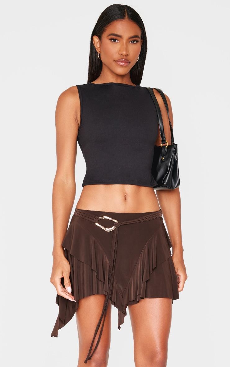 Chocolate Belt Detail Slinky Jersey Ruffle Mini Skirt Product Image