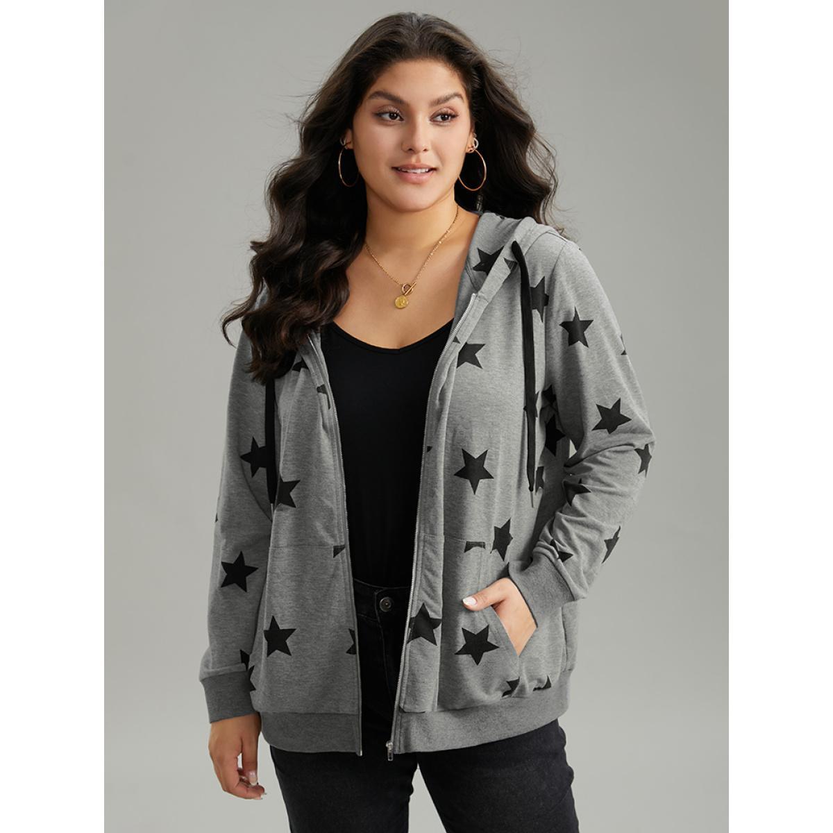 Plus Size Star Print Hooded Ties Pocket Sweatshirt Women Gray Casual Printed Hooded Dailywear Sweatshirts BloomChic 28/5X Product Image
