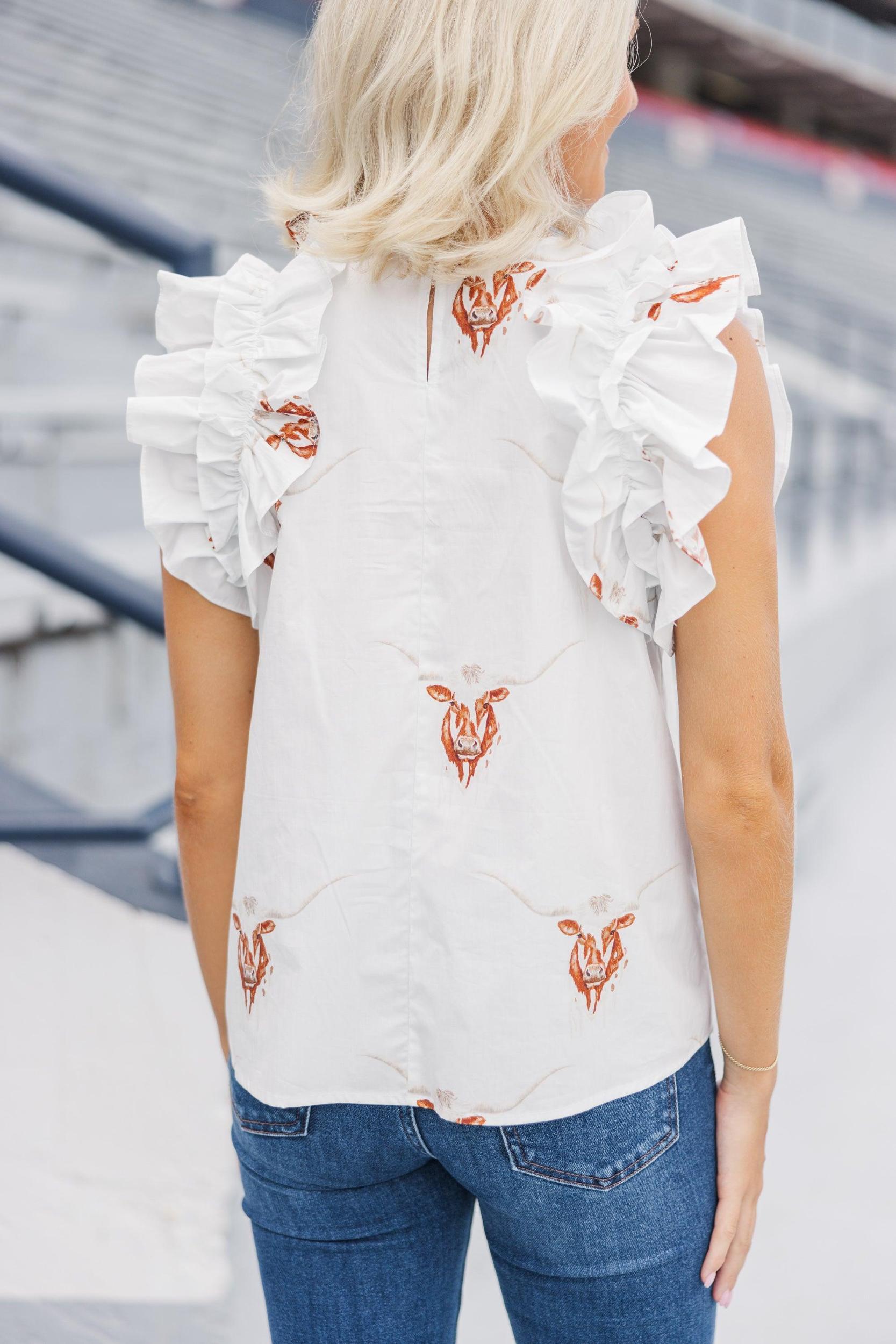 Listen To Your Heart White Longhorn Ruffled Blouse Female Product Image