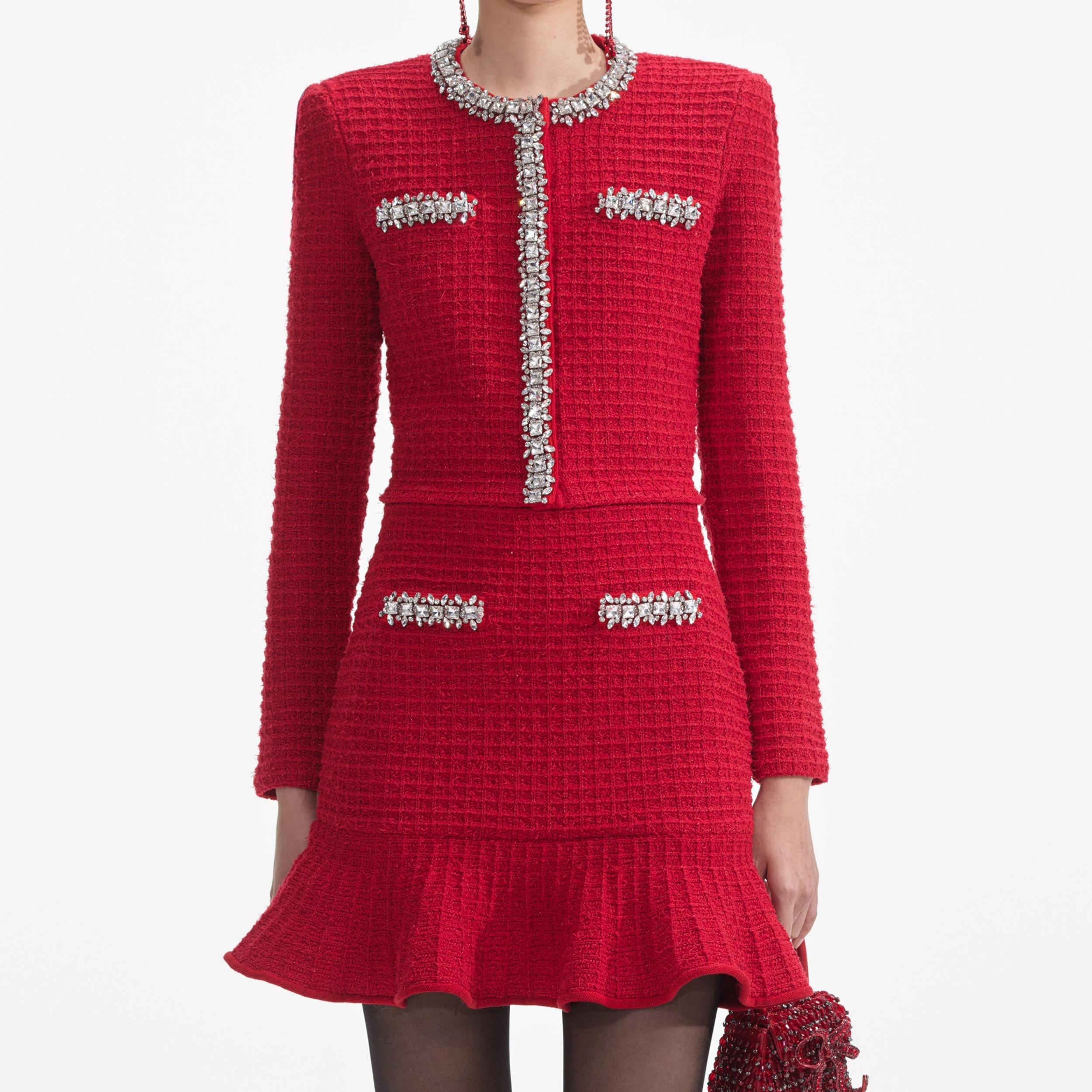 Red Textured Knit Mini Skirt Product Image