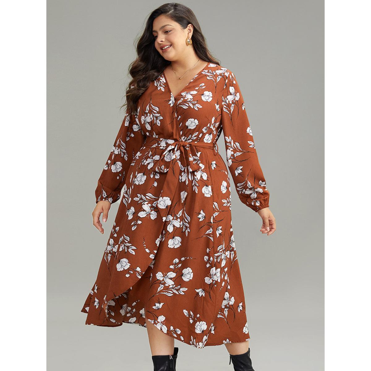 Plus Size Floral Print Wrap Hem Ties Dress Rust Women Elegant Elastic cuffs Overlap Collar Long Sleeve Curvy Midi Dress BloomChic 30/6X Product Image