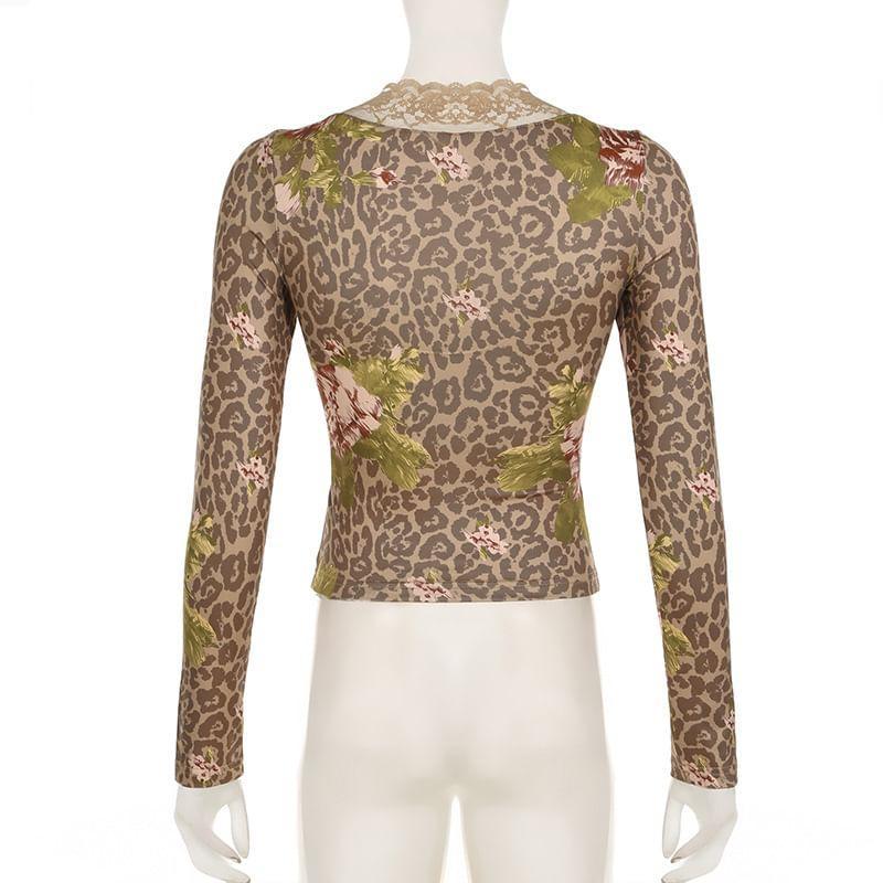 Long Sleeve Square Neck Leopard Print Cropped Top Product Image