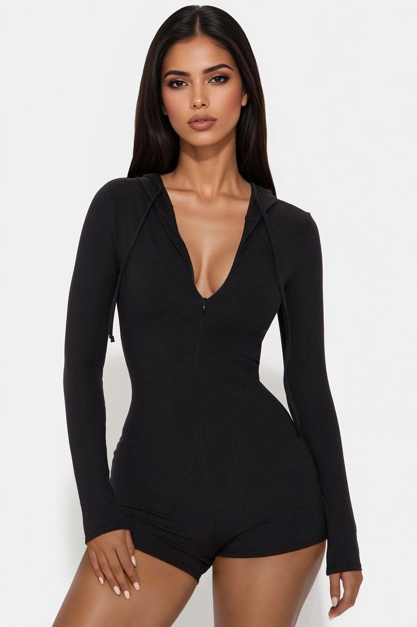 Luna Zip Up Romper - Black Product Image