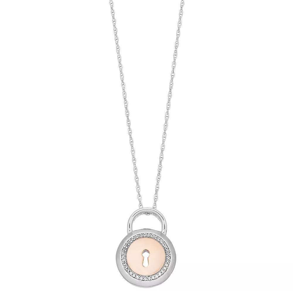 Two Tone Sterling Silver Lab-Created White Sapphire Lock Pendant Necklace, Women's, Size: 18", Gold Tone Product Image