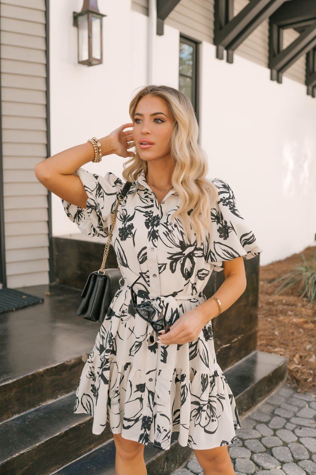 Ivory Puff Sleeve Print Mini Dress Product Image