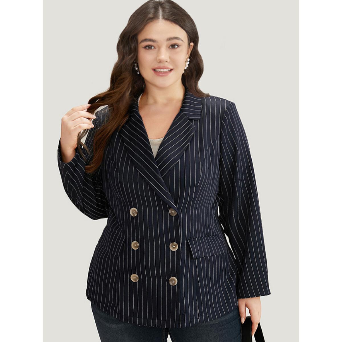 Plus Size Suit Collar Striped Double Breasted Blazer Blue Women Work Striped Button Sleeve Long Sleeve Suit Collar 12/L Pocket Office Blazers BloomChic Product Image