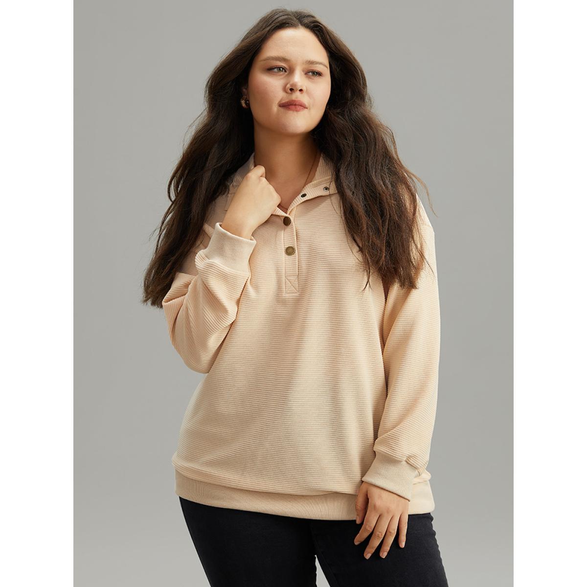 Plus Size Plisse Lapel Collar Button Up Sweatshirt Women Apricot Casual Elastic cuffs Lapel Collar Dailywear Sweatshirts BloomChic 30/6X Product Image