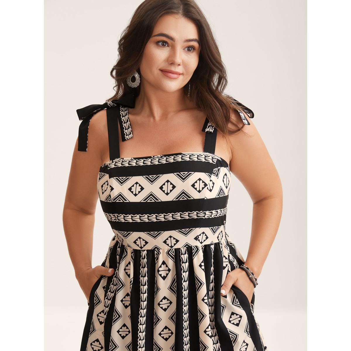 Plus Size Boho Stripes Bow Pockets Midi Dress BlackFlower Women Non Sleeveless Curvy BloomChic 28/5X Product Image