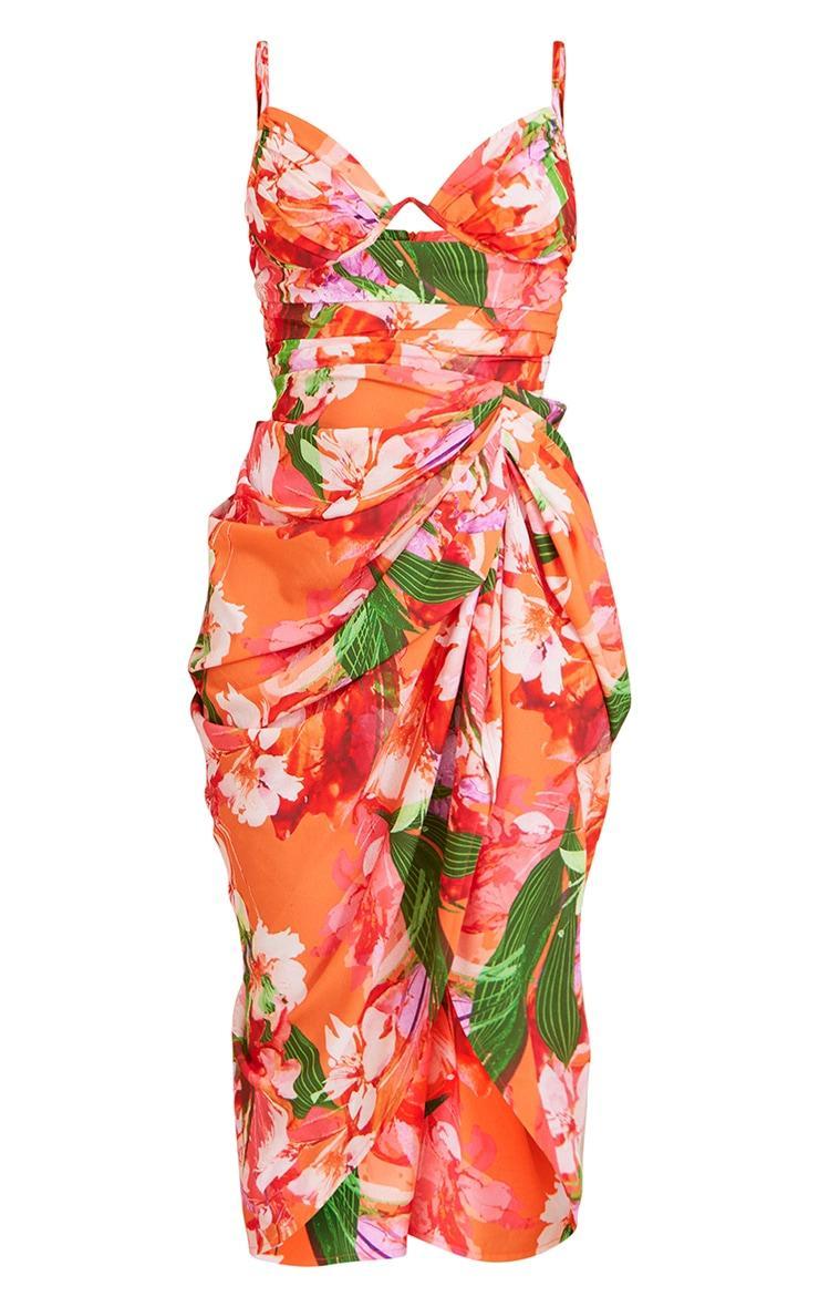 Peach Tropical Print Underwire Detail Strappy Draped Midi Dress Product Image