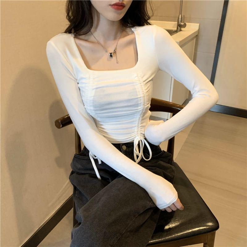 Long-Sleeve Square Neck Plain Drawstring Ruched Crop Slim Fit T-Shirt Product Image