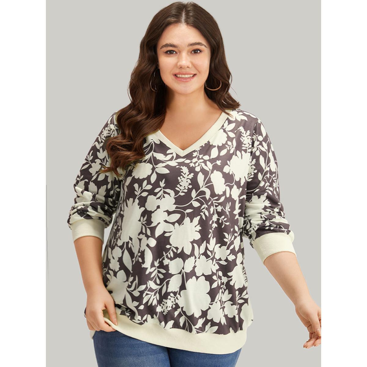 Plus Size Silhouette Floral Print Contrast Trim V Neck Sweatshirt Women DarkBrown Casual Elastic cuffs V-neck Dailywear Sweatshirts BloomChic 18-20/2X Product Image