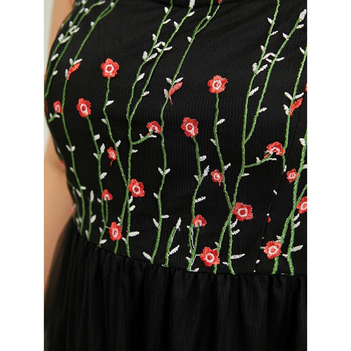 Plus Size Floral Embroidered Mesh Ruffle Hem Pocket Cami Dress Black Women Glamour Adjustable Straps Spaghetti Strap Sleeveless Curvy Knee Dress BloomChic 22-24/3X Product Image