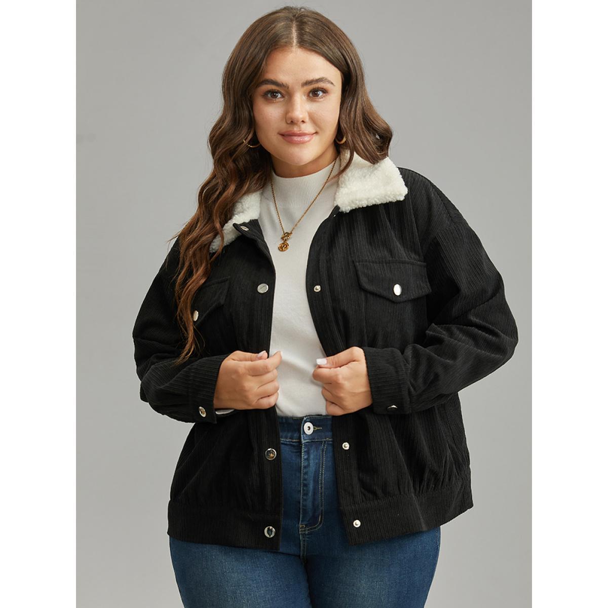 Plus Size Contrast Patchwork Metal Detail Shacket Women Black Contrast Dailywear Jackets BloomChic 12/L Product Image