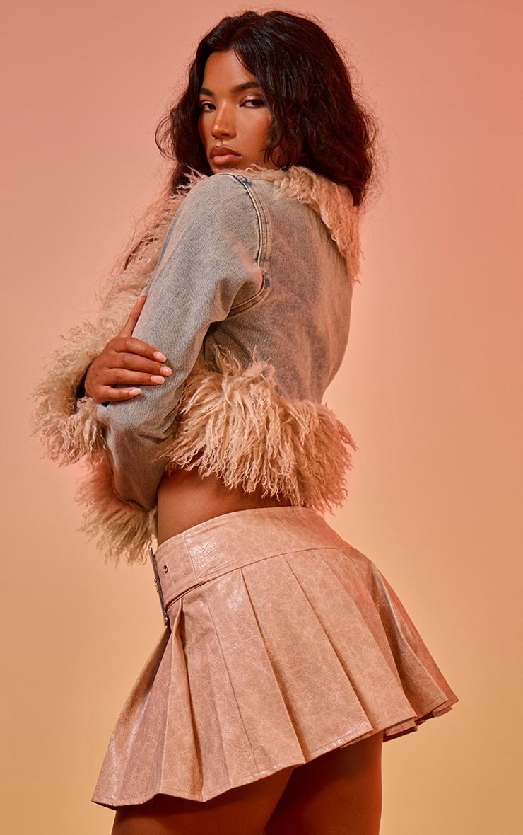 Vintage Wash Faux Fur Trim Cropped Denim Jacket  Product Image