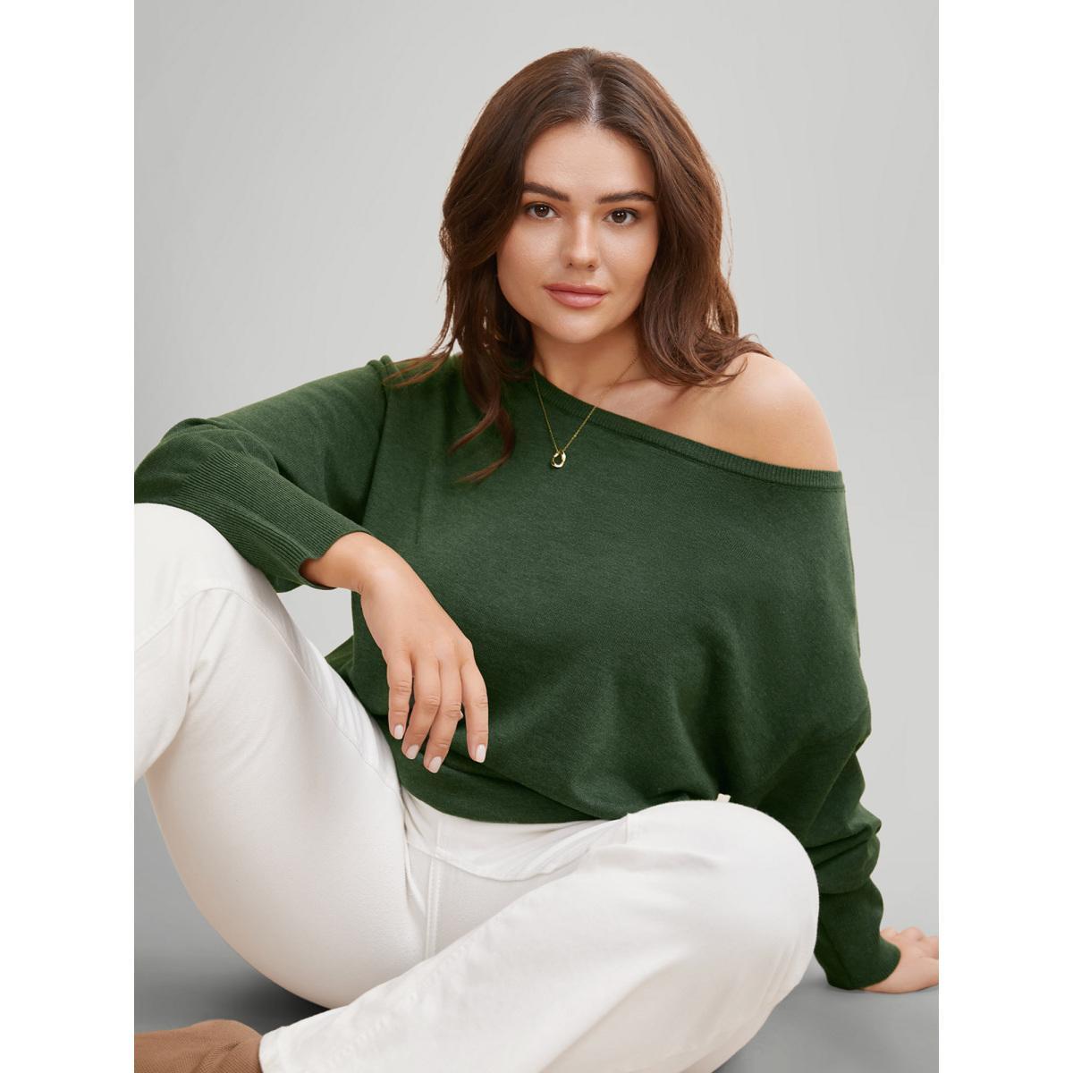 Plus Size Supersoft Essentials Boat Neck Drop Shoulder Pullover ArmyGreen Women Elegant Long Sleeve Boat Neck Everyday Pullovers BloomChic 14-16/1X Product Image