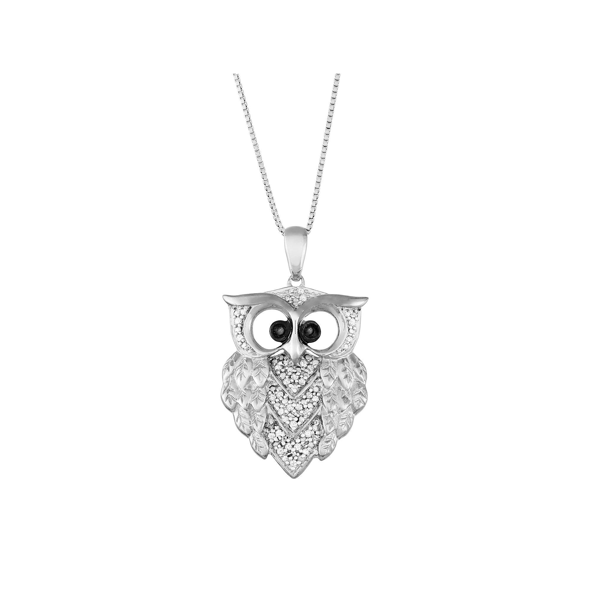 Sterling Silver 1/6 Carat T.W. Black & White Diamond Owl Pendant, Women's, Size: 18" Product Image