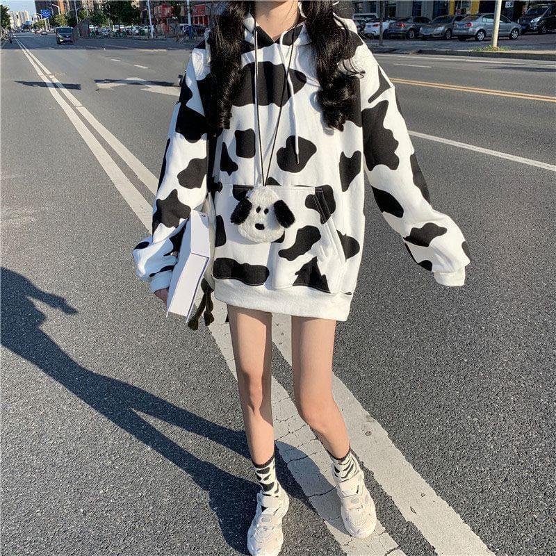Cow Print Pocket Detail Oversized Hoodie Product Image