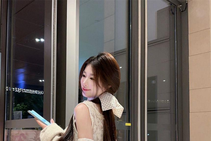 Plain Long Open Front Cardigan / Floral Side-Slit Lace Tank Top Product Image