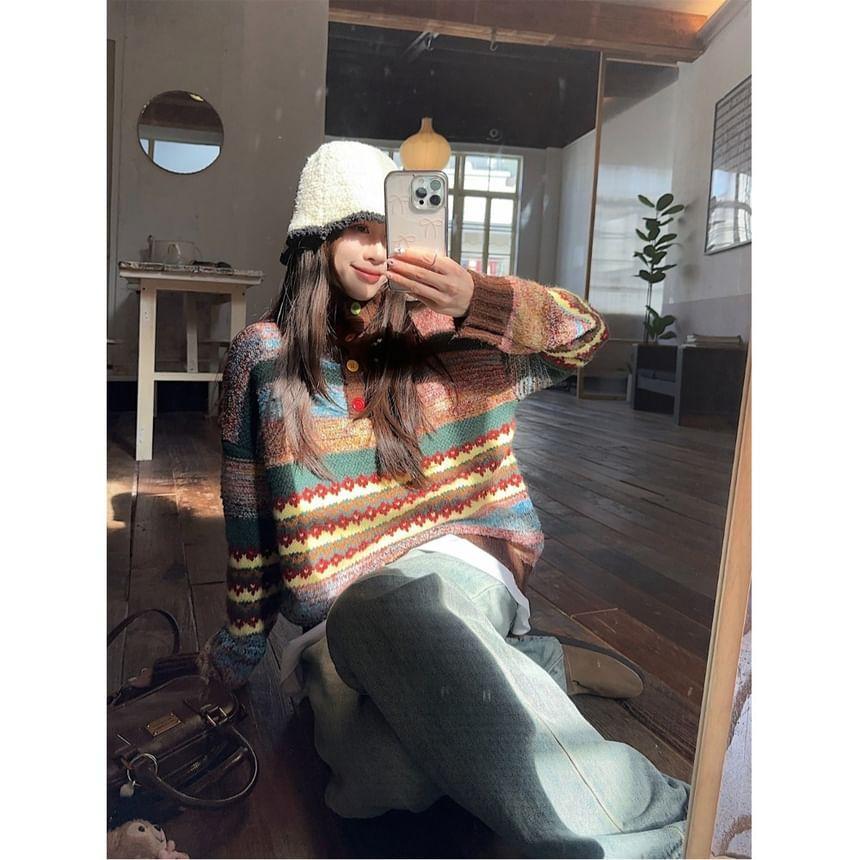 Collared Patterned Button Sweater Product Image
